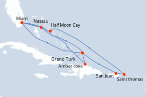 carte itinéraire croisière Caraïbes Bahamas 14 jours au départ du port de Miami
