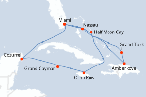 carte itinéraire croisière Caraïbes Bahamas 14 jours au départ du port de Miami