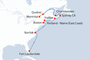 Carte de l'itinéraire de croisière Fort Lauderdale-Montréal d'une durée de 13 jours