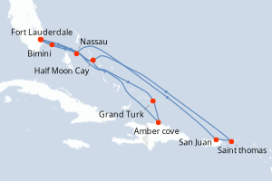 Carte de l'itinéraire de croisière Fort Lauderdale-Fort Lauderdale d'une durée de 14 jours