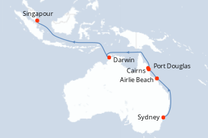 Carte de l'itinéraire de croisière Sydney-Singapour d'une durée de 13 jours