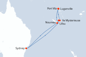 Carte de l'itinéraire de croisière Sydney-Sydney d'une durée de 12 jours