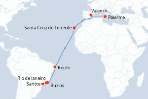 carte itinéraire croisière Transatlantique 16 jours au départ du port de Palerme