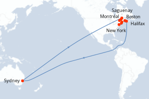 Carte de l'itinéraire de croisière New York-Montréal d'une durée de 11 jours