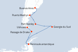 Carte de l'itinéraire de croisière Buenos Aires-Ushuaia d'une durée de 18 jours
