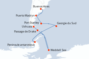 carte itinéraire croisière Amérique du Sud 18 jours au départ du port de Ushuaia