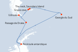 carte itinéraire croisière Antarctique 17 jours au départ du port de Ushuaia