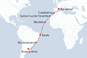 carte itinéraire croisière Transatlantique 18 jours au départ du port de Buenos Aires