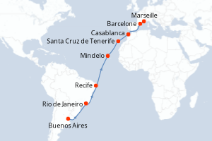 carte itinéraire croisière Transatlantique 19 jours au départ du port de Buenos Aires