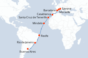 carte itinéraire croisière Transatlantique 20 jours au départ du port de Buenos Aires