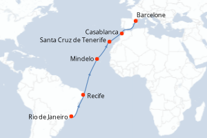 carte itinéraire croisière Transatlantique 15 jours au départ du port de Rio de Janeiro