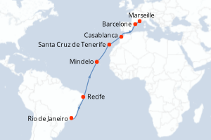carte itinéraire croisière Transatlantique 16 jours au départ du port de Rio de Janeiro