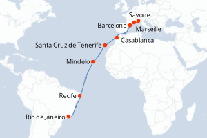 carte itinéraire croisière Transatlantique 17 jours au départ du port de Rio de Janeiro