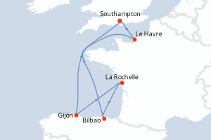 carte itinéraire croisière Europe du Nord 7 jours au départ du port de Southampton