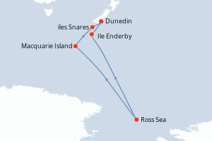 Carte itinéraire croisière Expédition sur les traces de Scott et Shackleton - 21 jours au départ de Dunedin - Australie Nouvelle Zélande