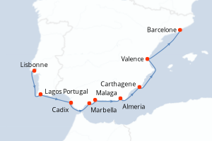 carte itinéraire croisière Méditerranée 8 jours au départ du port de Lisbonne