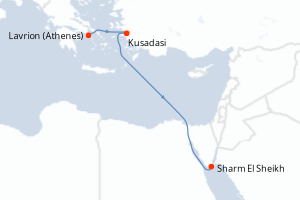 carte itinéraire croisière Mer Rouge Océan Indien 4 jours au départ du port de Lavrion (Athenes)