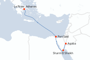 carte itinéraire croisière Mer Rouge Océan Indien 5 jours au départ du port de Le Piree - Athenes