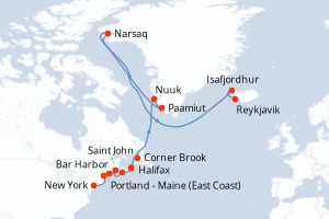 Carte de l'itinéraire de croisière New York-Reykjavik d'une durée de 18 jours