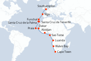 carte itinéraire croisière Europe du Nord 22 jours au départ du port de Cape Town