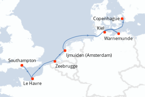carte itinéraire croisière Europe du Nord 7 jours au départ du port de Southampton