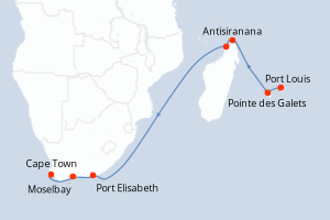 carte itinéraire croisière Afrique du Sud 11 jours au départ du port de Port Louis