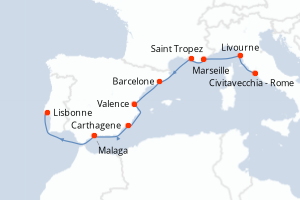 carte itinéraire croisière Atlantique 10 jours au départ du port de Civitavecchia - Rome