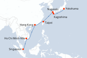 Carte itinéraire croisière Singapour, Vietnam, Chine, Taïwan, Japon - 13 jours au départ de Singapour - Asie