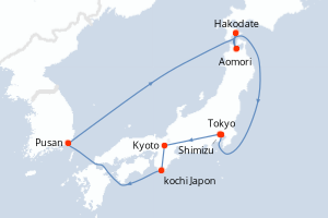 Carte de l'itinéraire de croisière Tokyo-Tokyo d'une durée de 12 jours