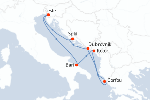 Carte de l'itinéraire de croisière Trieste-Trieste d'une durée de 7 jours