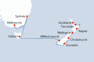 Carte itinéraire croisière Nouvelle-Zélande, Australie - 16 jours au départ de Auckland - Australie Nouvelle Zélande