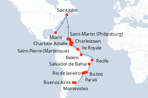 carte itinéraire croisière Amérique du Sud 34 jours au départ du port de Miami