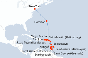 Carte de l'itinéraire de croisière New York-Bridgetown d'une durée de 16 jours