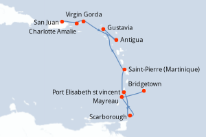 Carte de l'itinéraire de croisière San Juan-Bridgetown d'une durée de 10 jours