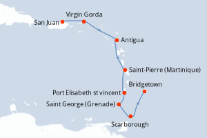 Carte de l'itinéraire de croisière San Juan-Bridgetown d'une durée de 7 jours