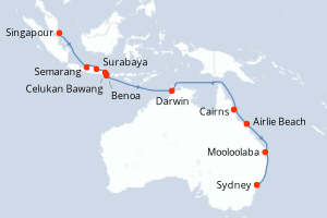 carte itinéraire croisière Australie Nouvelle Zélande 20 jours au départ du port de Singapour