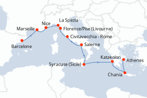 carte itinéraire croisière Sicile 14 jours au départ du port de Barcelone