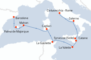 carte itinéraire croisière Sicile 11 jours au départ du port de Barcelone