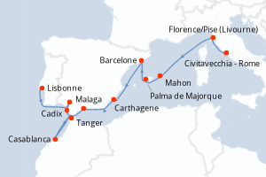 carte itinéraire croisière Atlantique 17 jours au départ du port de Civitavecchia - Rome
