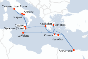 carte itinéraire croisière Sicile 17 jours au départ du port de Civitavecchia - Rome