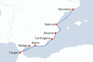 carte itinéraire croisière Méditerranée 7 jours au départ du port de Malaga