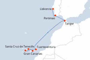 Carte de l'itinéraire de croisière Lisbonne-Gran Canarias d'une durée de 8 jours