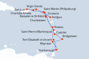 Carte de l'itinéraire de croisière Bridgetown-Bridgetown d'une durée de 16 jours