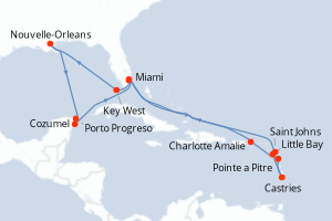 carte itinéraire croisière Caraïbes Bahamas 20 jours au départ du port de Miami