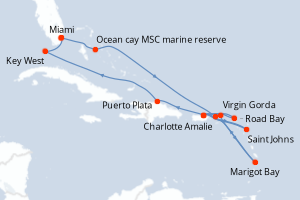 carte itinéraire croisière Caraïbes Bahamas 14 jours au départ du port de Miami
