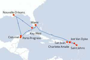 carte itinéraire croisière Caraïbes Bahamas 17 jours au départ du port de Miami