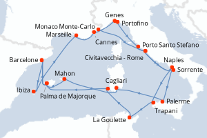 carte itinéraire croisière Sicile 21 jours au départ du port de Monaco Monte-Carlo