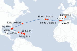 carte itinéraire croisière Transatlantique 23 jours au départ du port de San Juan