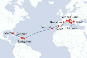 carte itinéraire croisière Transatlantique 25 jours au départ du port de Venise Fusina