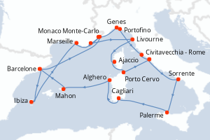 Carte de l'itinéraire de croisière Barcelone-Civitavecchia - Rome d'une durée de 21 jours